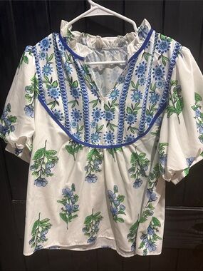 Women's White Floral Peasant Blouse with Blue & Green Print